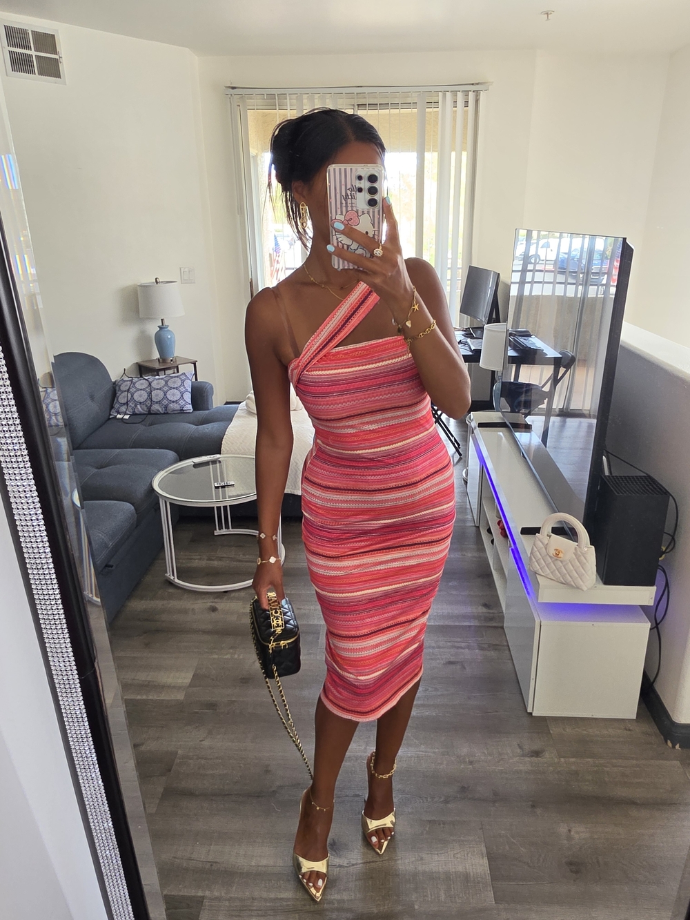 Women's Pink Striped One-Shoulder Bodycon Dress - Picture 5 of 17